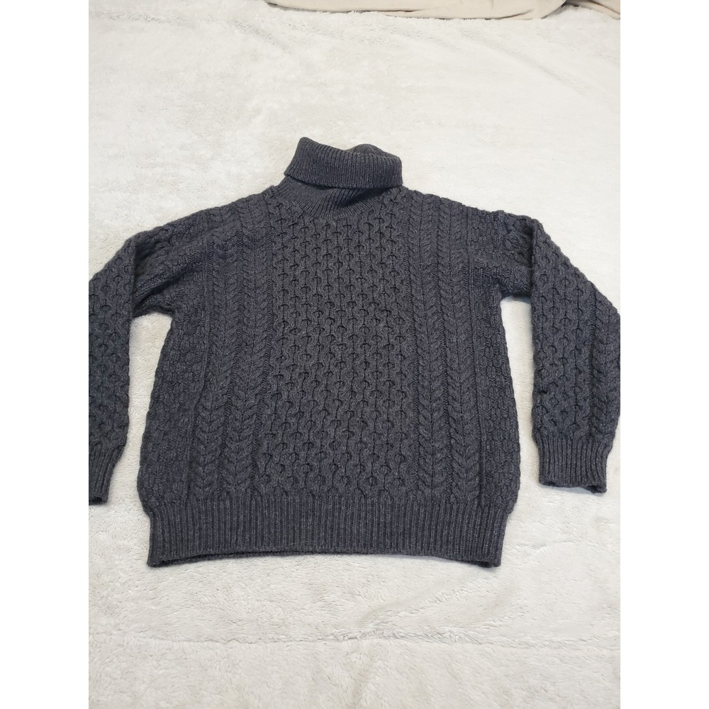 Vintage Gray Chunky Cable Knit Turtleneck Merino‎ Wool Fisherman Sweater Small
